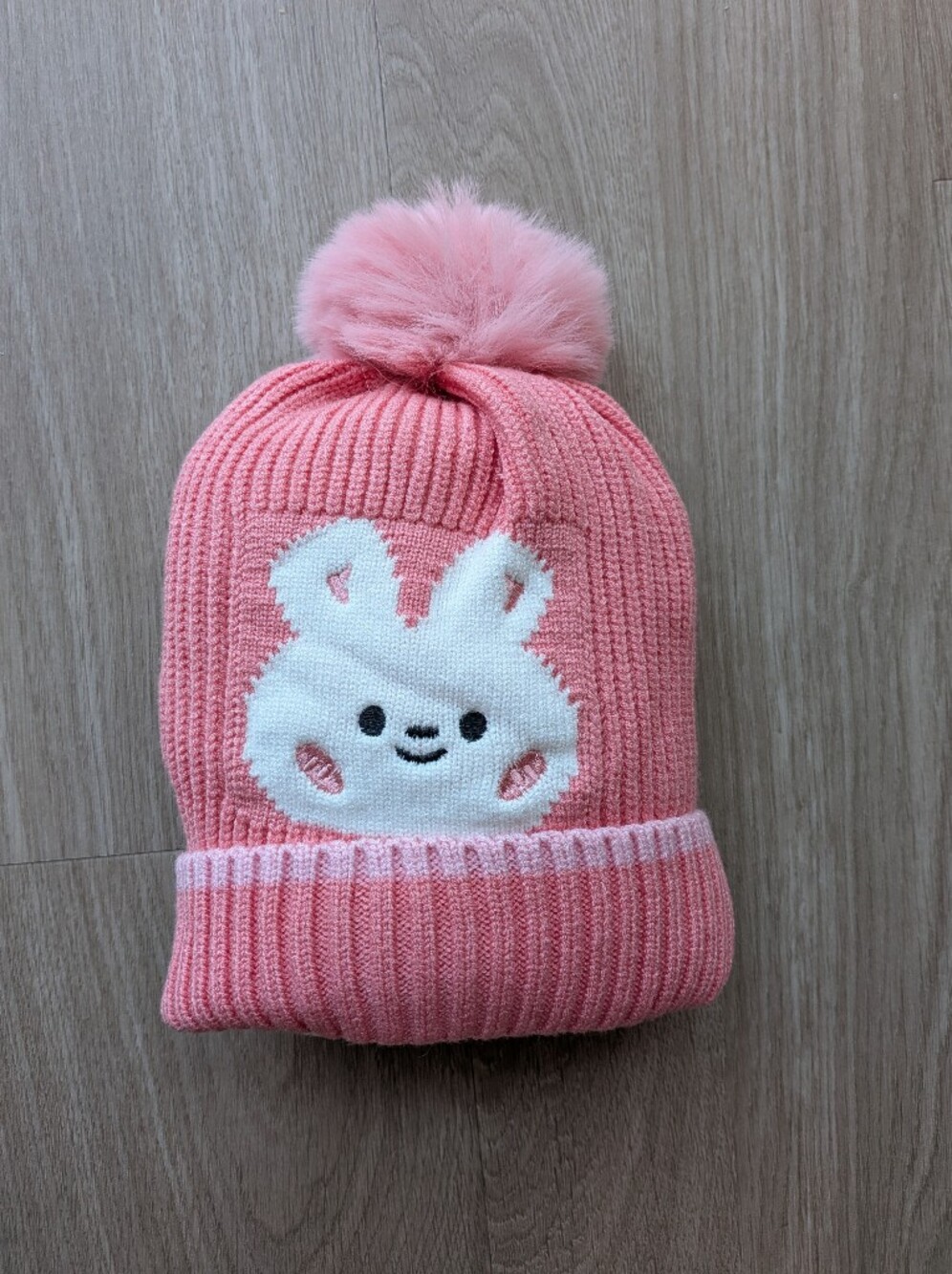 Kids Pink Bunny Pom Beanie - Cozy Knit Hat